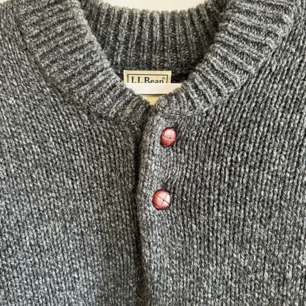L.L. Bean Vintage Mens Lambswool Henley‎ Sweater XL Gray Thick Fisherman